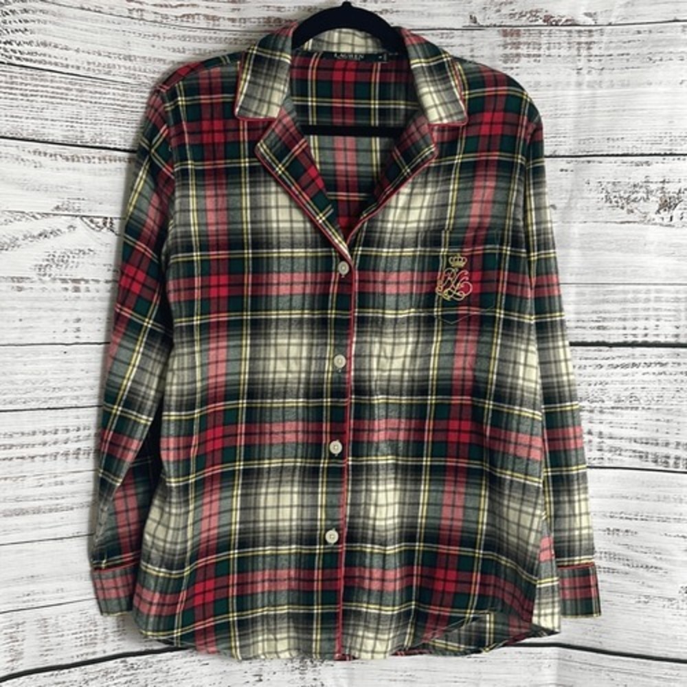 Lauren‎ Ralph Lauren sleep shirt womens Medium embroidered plaid funnel crest